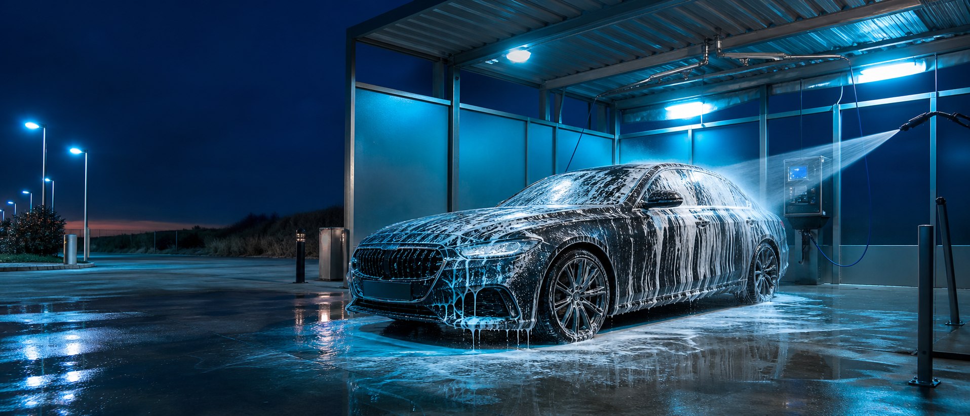 Automobil acoperit cu spumă într-o boxă self-service iluminată seara