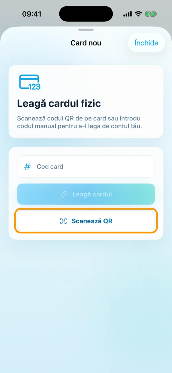 Ecranul „Card nou” din aplicație, cu butonul „Scanează QR” încercuit.
