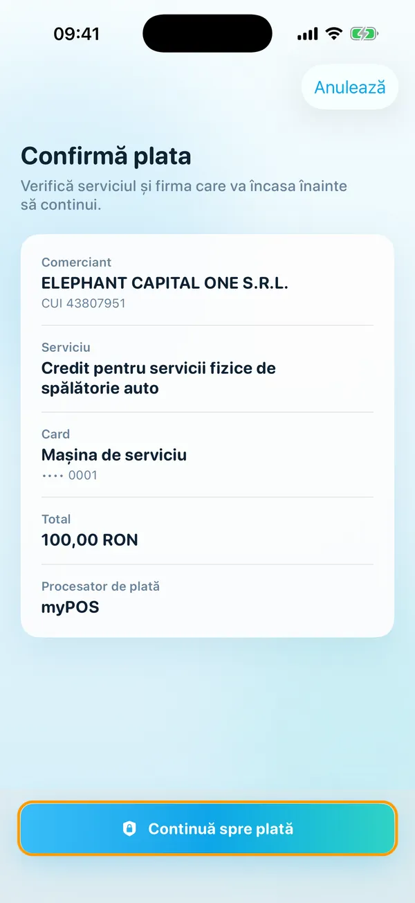 Ecranul „Confirmă plata”, cu butonul „Continuă spre plată” încercuit.