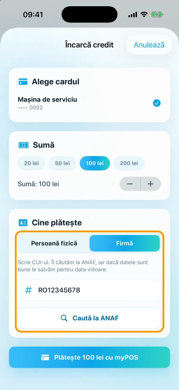 Ecranul „Încarcă credit”: la „Cine plătește” e aleasă „Firmă”, cu CUI-ul scris și butonul „Caută la ANAF”, toate încercuite.